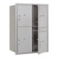 This horizontal multi-unit mailbox features 4 lockable front doors and is designed for recessed mounting. It measures 41 3/8 inches in height, 31 1/8 inches in width, and 16 1/2 inches in depth. Suitable for apartment buildings, offices, or commercial facilities requiring organized mail distribution.