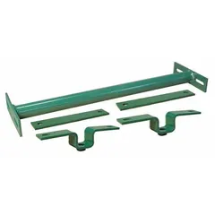 This steel support stand is designed for permanent mounting in multi-tier conveyor systems. It accommodates a 10-inch between-frame width and has a 10-inch overall width. The green finish provides corrosion resistance for industrial material handling environments.