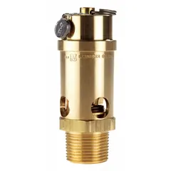 Soft seat pneumatic safety valve with brass body and brass components, silicone seat. Inlet: 1 in (M)NPT, outlet: 5/8 in (F)NPT. Provides overpressure relief in compressed air and gas pneumatic systems.