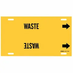 Yellow strap-on pipe marker with black legend 'Waste' and directional arrows. Fits pipe outer diameters of 10 to 15 inches. Used to identify waste lines in industrial piping systems for clear content and flow direction indication.