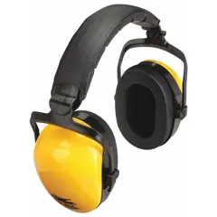Passive over-the-head earmuffs with 25 dB NRR for hearing protection in industrial environments. Foldable design with dielectric construction for electrical safety. Yellow PVC ear cups and black POM headband with foam padding.