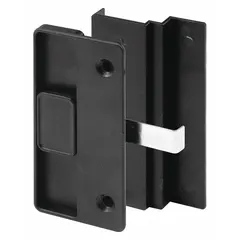 This sliding handle and latch kit is designed for use on sliding screen doors. It includes both the handle and latch components for securing and operating the door. The kit measures 4-1/8 inches in overall height and length, and comes in a black, unfinished finish.