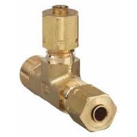 This self-aligning brass compression tee fitting connects three tubing lines of equal 1/8 in outer diameter. It is used in pneumatic, hydraulic, and instrumentation circuits for branch connections. Supplied in a 10-pack