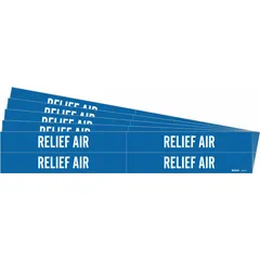Blue adhesive pipe marker with white 'Relief Air' legend, designed for pipe outer diameters from 3/4 to 2-3/8 inches. Pack includes 4 markers without arrows, suitable for identifying relief air lines in industrial piping systems.