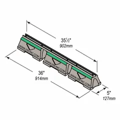 This support block with strut channel features a pre-galvanized steel support material and a rubber base. The base measures 35.5 inches long by 5 inches wide. It is used to secure and cushion piping systems, reducing vibration and noise in industrial applications.