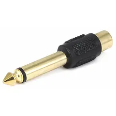 This audio adapter features a 1/4 in mono male plug on one end and an RCA female jack on the other, enabling connection between devices with these interfaces. It is used in audio systems, instruments, or PA setups for mono signal transmission.