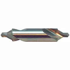 Double-end bell-tip center drill, size #20 with 60° angle, 3 3/4 in overall length. Made of AlTiN coated high speed steel. Used to create conical starting holes for lathe centers, with a chamfered edge that protects the center hole from damage. Suitable for precise alignment and support in turning or grinding operations.