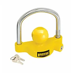 Universal coupler lock for trailer security. Yellow powder-coated finish. Includes two keys. Suitable for Class IV trailer couplers.