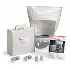 Respirator fit test system for verifying the seal of any particulate respirator using the saccharin taste-based protocol. Kit includes Collar Assembly (FT-15), Hood (FT-14), two Nebulizers (FT-13), two sets of replacement nebulizer inserts, Fit Test Solution (FT-12), Sensitivity Solution (FT-11), and a laminated instruction booklet in English, Spanish, Portuguese, and French.
