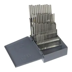 This set contains 60 high-speed steel drill bit blanks in jobbers length. The blanks can be ground to create custom-length drill bits, reamers, or pins for machining and toolroom applications. Suitable for precision work in metalworking and fabrication operations.