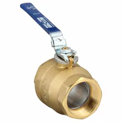 This 2-inch brass ball valve features a straight body with full port ball port for minimal pressure drop. It has FNPT x FNPT connections and a locking lever handle for secure on/off flow control. Suitable for water, oil, and gas applications in industrial piping systems.