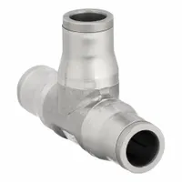 This LEGRIS push-fit tee fitting is made of stainless steel and connects three 8 mm OD tubes. It is used to branch or split pneumatic tubing lines in industrial automation, packaging, and material handling systems. The fitting has an overall length of 38 mm