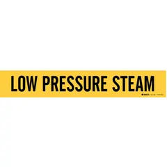 This yellow adhesive pipe marker with black legend identifies low-pressure steam lines. It fits pipe outer diameters of 8 inches and larger, and is supplied without directional arrows. Suitable for labeling piping in industrial facilities where steam line identification is required.