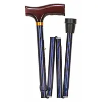 This folding cane features a wood Derby-Top handle and a blue aluminum shaft. It adjusts from 33 to 37 inches and includes a storage sleeve. Suitable for mobility support and balance assistance
