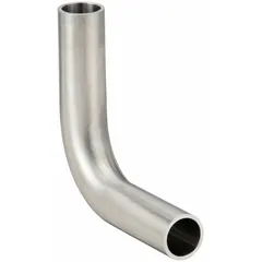 This 90° elbow is a weld-type sanitary tube fitting made from 316L stainless steel. It has 1/2 in OD connections on both ends and complies with ASME BPE standards. Used in hygienic piping systems for directional changes in tube runs, it provides a smooth, crevice-free flow path suitable for clean-in-place applications.