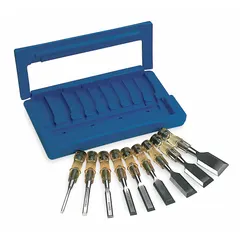 This 9-piece wood chisel set features straight tip chisels with plastic handles, each 7 3/4 inches in overall length. Suitable for general woodworking tasks including cutting, shaping, and carving wood for joinery and trimming applications.