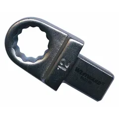 This 12-point box end torque wrench head is designed for use with interchangeable torque wrench handles. It fits 12 mm hex fasteners and has an overall length of 1 3/4 inches. Commonly used in automotive repair, industrial maintenance, and assembly operations for precise torque application.