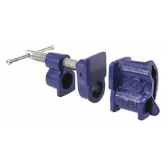 This pipe clamp features a steel construction with a crank handle for tightening. Designed for flat surfaces, it has a 1-1/2 inch throat depth. Suitable for light-duty clamping tasks in assembly or repair work.