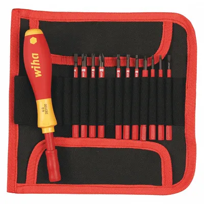 WIHA Multi-Bit Screwdriver: Phillips/Slotted/Square/Torx/Xeno Tip, 12 Tips - Insulated Multi-Bit Screwdrivers