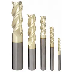 This 5-piece set of carbide corner-radius end mills features a ZrN coating to reduce friction and heat, and a 3-flute design for efficient chip evacuation. Designed for machining nonferrous materials such as aluminum and brass, these tools are suited for high-speed finishing operations in mold making, aerospace, and automotive applications.