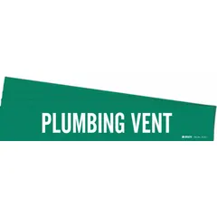 Green adhesive pipe marker with white legend reading 'Plumbing Vent' for identifying vent pipes in plumbing systems. Fits pipe outer diameters from 2-1/2 to 7-7/8 inches. Supplied without directional arrows. Pack of 5.