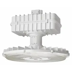 Round LED bay light delivering 19,179 lumens at 5000K color temperature. Operates on 347 to 480V AC and replaces 400W HPS/MH fixtures. Narrow distribution pattern for mounting heights of 20 to 40 feet. Suitable for high-bay applications in industrial and commercial spaces.