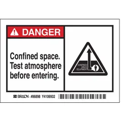 Polyester adhesive sign with nominal size 3 1/2 in x 5 in and 0.01 in thickness. Each pack contains five signs. Not retroreflective and does not glow in the dark. Used to warn personnel of confined-space hazards and mandate atmospheric testing before entry in industrial facilities.