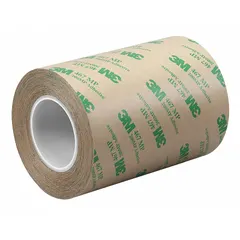 This general purpose adhesive transfer tape features an acrylic adhesive with a repositionable bond, allowing alignment before permanent adhesion. The tape is 3 inches wide, 5 yards long, and 2.3 mils thick, with a polycoated kraft paper liner. It is supplied as a 4-pack and is suitable for bonding films, foils, and nameplates in industrial assembly applications.