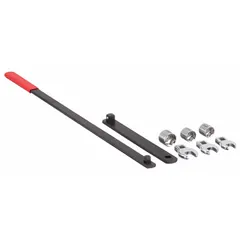 This serpentine belt tool set includes three 3/8-inch-drive socket wrenches in 15, 16, and 18 mm sizes. Made of carbon steel, the set measures 68 1/2 cm in length and 10 cm in width. Used for removing and installing serpentine belts on automotive engines, it allows tensioner and pulley adjustments.