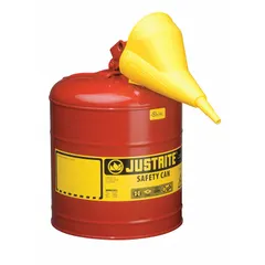This 5-gallon red Type I safety can is designed for storing and dispensing flammable liquids. It includes a funnel for controlled pouring. Typical applications include industrial environments such as machining, maintenance, and chemical handling where flammable liquids are used.