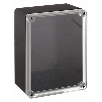 BOX ENCLOSURES Enclosure: Black, Polycarbonate, 3 in x 3 in x 2 in, NEMA 4 - Nonmetallic Enclosures with Clear Cover