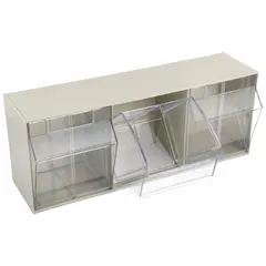 This tip-out bin from AKRO-MILS is designed for frame, panel, rail, or wall mounting. It measures 7 7/8 inches by 23 5/8 inches by 9 1/2 inches and comes in a beige, unfinished finish. Commonly used in industrial workstations, assembly lines, and maintenance areas for organizing small parts.