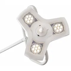 Wall-mount LED examination light delivering 100,000 Lux at 1 meter with 4300K color temperature and 95 CRI. Operates on 100 to 240V AC, 45 W. Suitable for clinical examination and minor procedure lighting.