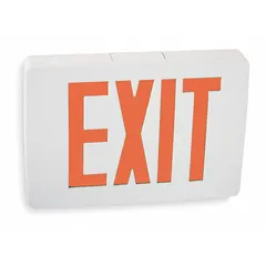 White aluminum LED exit sign with red text and universal field-selectable chevrons. Operates on 120/277 V AC, includes nickel cadmium emergency battery backup. Two-face ceiling-mount unit for egress marking in commercial and industrial facilities.