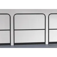 Steel guardrail for stages, 3.5 ft overall height and 48 in overall width. Used as a safety barrier for elevated staging areas in event, performance, or industrial settings.