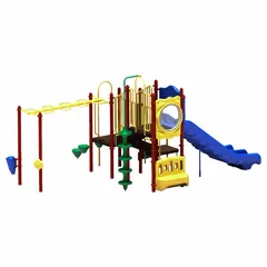 This playground structure features a 5 ft Double Straight Slide and plastic construction. It is mounted using anchor bolts and requires an installation zone of 32.7 ft length by 27.6 ft width. Suitable for use in parks, schools, and community spaces for children ages 5 to 12 years.