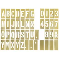 This brass stencil set includes characters 0 to 9, A to Z, and punctuation, each 3 inches high and wide. Designed for horizontal interlocking, the stencils are used for durable, reusable marking and identification on equipment, crates, panels, and other surfaces in industrial settings