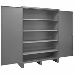 Welded steel cabinet with powder-coated gray finish. Four adjustable shelves. Swing handle with keyed lock and legs. 16 ga panel thickness. Suitable for organizing tools, parts, and supplies in workshops, warehouses, and maintenance facilities.