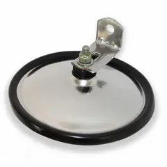 Round convex mirror with 6-inch diameter designed for passenger vehicle side. Provides wide-angle view to reduce blind spots. Non-heated and non-illuminated. Suitable for improving visibility during lane changes and parking.
