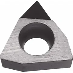 This Trigon (W) indexable turning insert features a PCD grade for machining non-ferrous materials. It is used in turning and facing operations on lathes, providing wear resistance and surface finish in high-speed cutting applications.