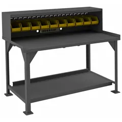 This fixed-height steel workbench measures 60 inches by 30 inches with a gray finish. It supports an overall load capacity of 4,000 lb. The unit includes a louvered panel, riser, and lower shelf for organized storage. Suitable for heavy-duty assembly, maintenance, and industrial workstations in manufacturing plants, warehouses, and repair shops.