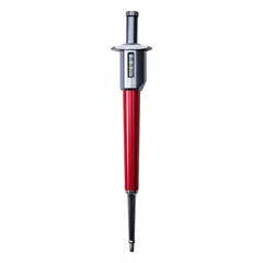 Manual adjustable volume single-channel pipettor with a maximum capacity of 200 µL. Red color. Suitable for precise liquid handling in laboratory applications such as sample preparation, reagent dispensing, and serial dilutions.