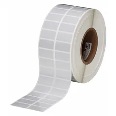 Gray polyester precut label roll measuring 3/4 in, with 10,000 labels per roll. Compatible with THT series printers. Used for industrial identification, cable marking, and asset labeling in harsh environments.