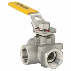 CF8M stainless steel two-piece body with L flow pattern and locking lever handle. Used to divert or mix flow in industrial piping systems, allowing flow from one inlet to either of two outlets.