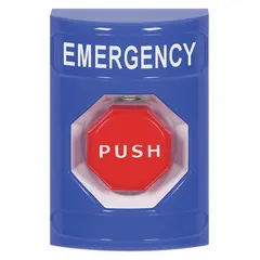 Blue push-to-exit button for releasing electric door locks in commercial and industrial facilities. ADA compliant, with dimensions 4 7/8 in height, 3 3/16 in depth, and 3 1/4 in width. Suitable for accessible egress applications.
