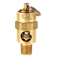 Soft seat pneumatic safety valve with brass body and silicone seal. Provides overpressure relief in pneumatic systems. Inlet: 1/8 in (M)NPT; Outlet: 3/8 in (F)NPT.
