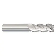 Carbide corner-radius end mill with 3 flutes, 1/2" mill diameter, 3/4" length of cut, and 0.015" corner radius. Designed for milling aluminum and non-ferrous materials where a radiused edge is required at the bottom of slots or pockets. The corner radius reduces stress risers and improves tool life compared to sharp corners.