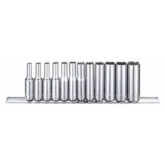 This 12-piece socket set features a 1/4 in drive and 6-point metric sockets ranging from 3.5 mm to 12 mm. The set includes deep sockets and is tether ready for secure use in elevated or confined spaces. Suitable for fastening and loosening metric nuts and bolts in automotive, machinery, and general assembly tasks.