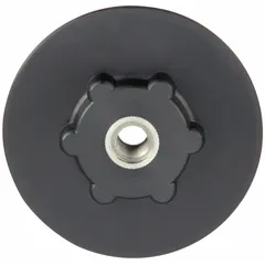 This 3M fiber disc pad hub has a 4-1/2 inch diameter and a 5/8-11 thread for mounting on angle grinders. It is designed to securely hold fiber discs for surface preparation, blending, and finishing tasks. The black hub provides a reliable platform for abrasive disc applications.