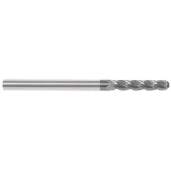 General purpose carbide ball end mill with AlTiN coating for wear resistance. Features 4 flutes, 7/16" mill diameter, 3" length of cut, and 6" overall length. Suitable for contouring, slotting, and profiling in ferrous materials and high-temperature alloys. Commonly used in 3D machining of molds and dies.